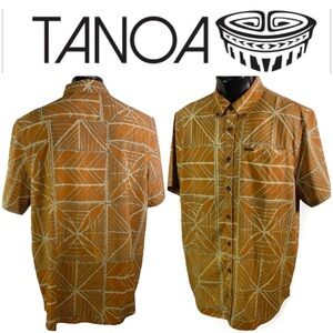Tanoa Hawaii ✨ Hawaiian Aloha 4 Way Stretch Men Shirt • LARGE • Tribal • Sunset